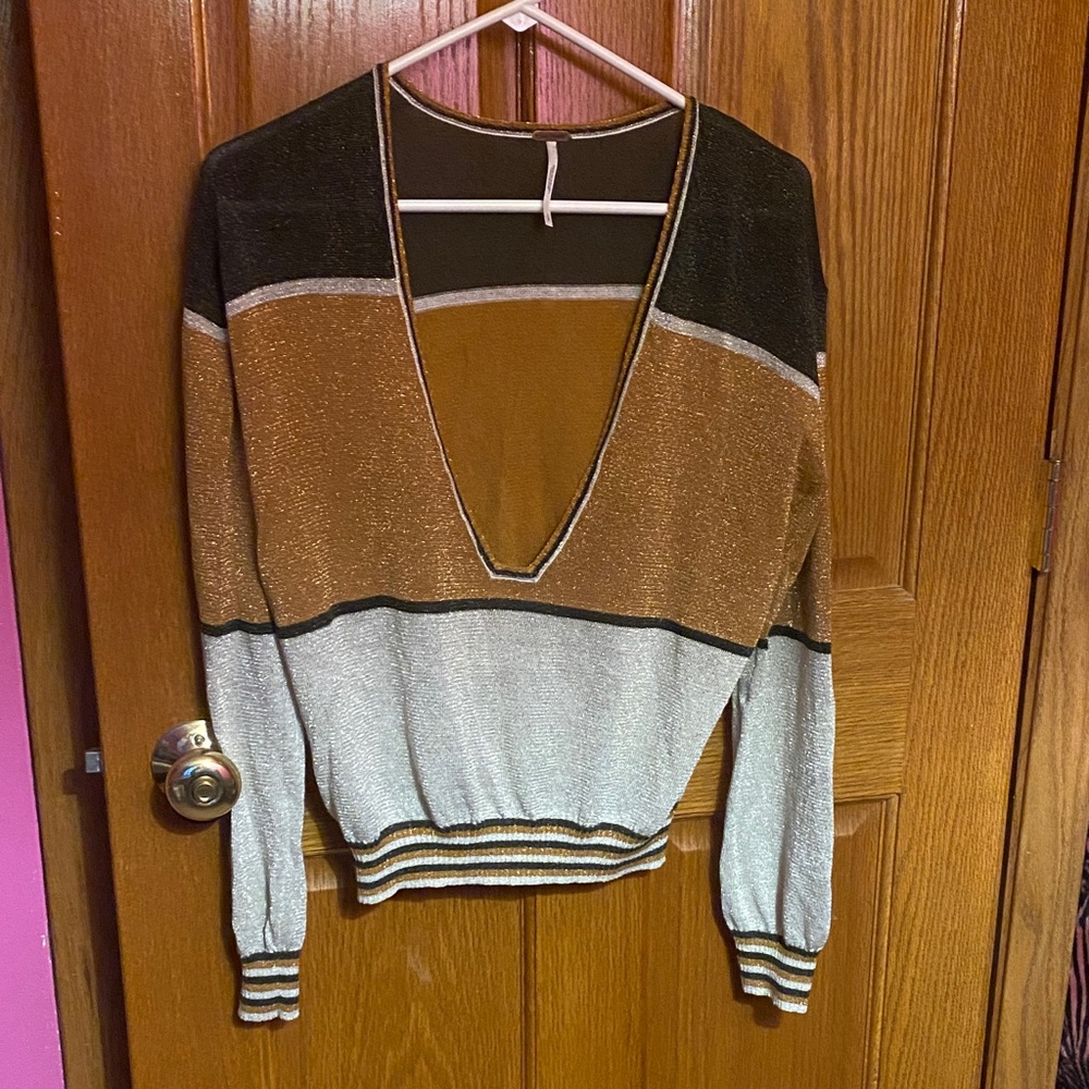Free People V-Neck Sweater - Black, Brown, and Silver